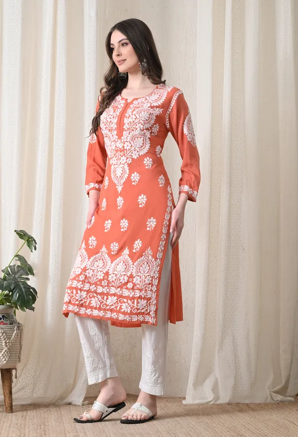 Peach_&_White_Hand-Embroidered_Chikankari_Rayon_Straight_Kurta