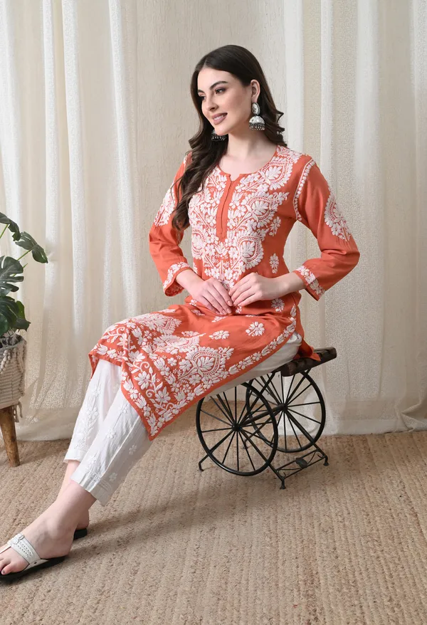 Peach_&_White_Hand-Embroidered_Chikankari_Rayon_Straight_Kurta