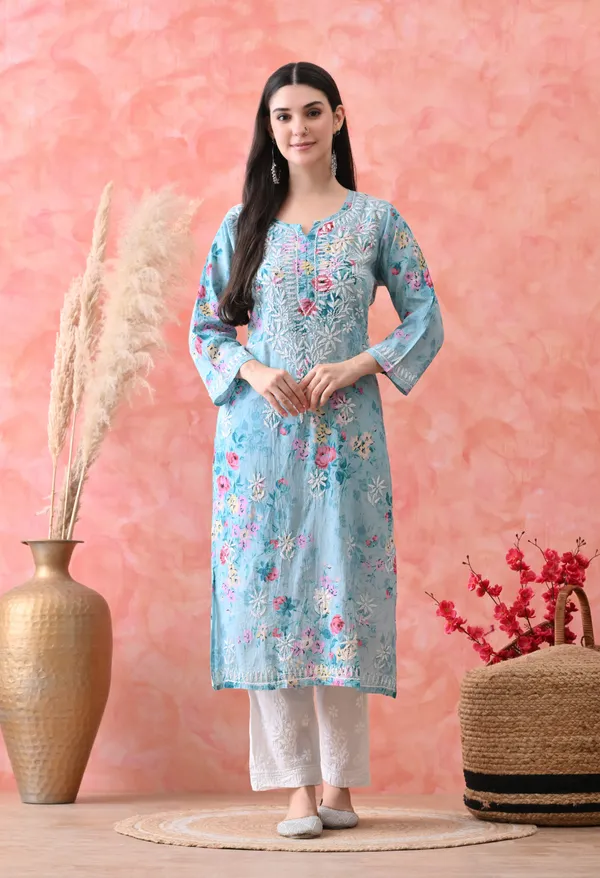 Hand_Embroidered_Chikankari_Mulmul_Floral_Print_Kurta-Blue