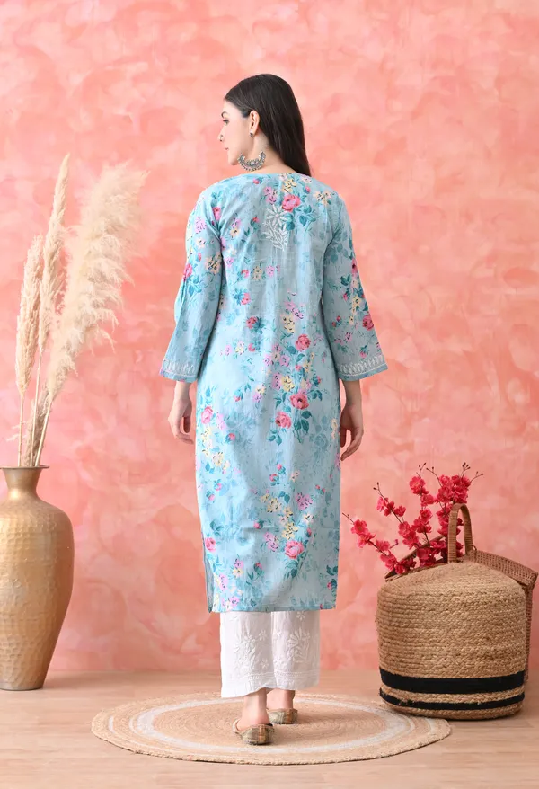 Hand_Embroidered_Chikankari_Mulmul_Floral_Print_Kurta-Blue