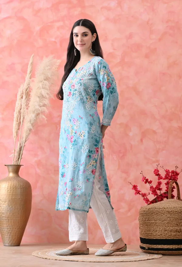 Hand_Embroidered_Chikankari_Mulmul_Floral_Print_Kurta-Blue