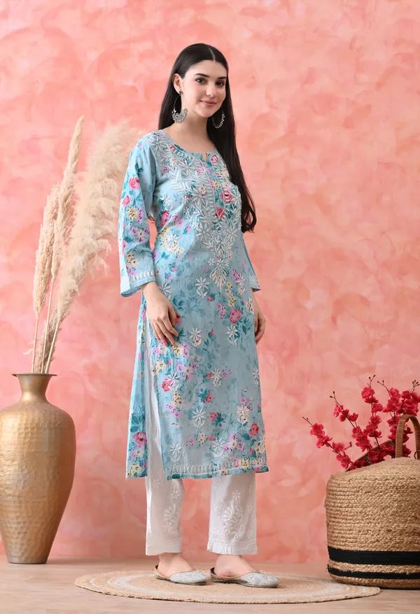 Hand_Embroidered_Chikankari_Mulmul_Floral_Print_Kurta-Blue