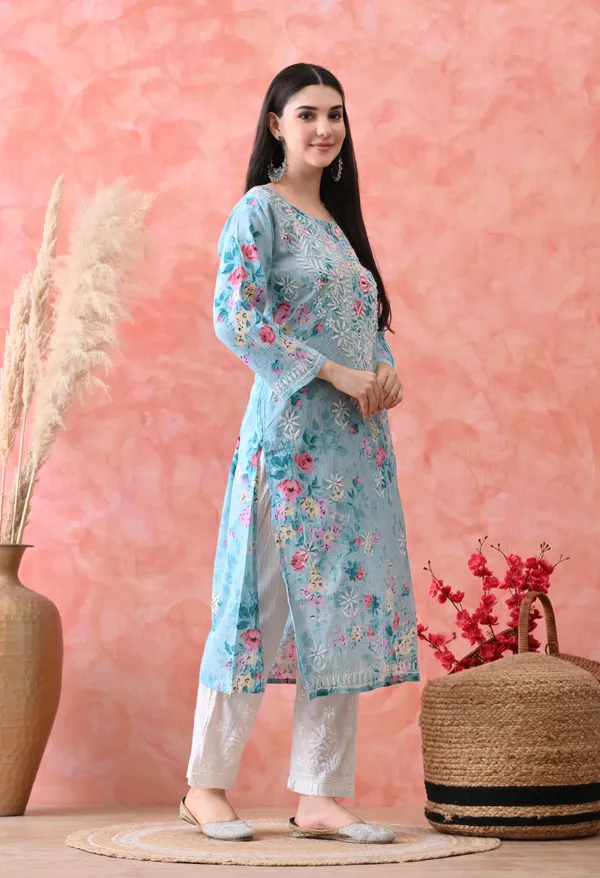 Hand_Embroidered_Chikankari_Mulmul_Floral_Print_Kurta-Blue