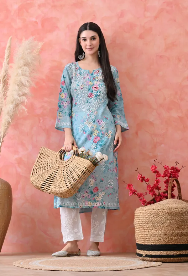 Hand_Embroidered_Chikankari_Mulmul_Floral_Print_Kurta-Blue
