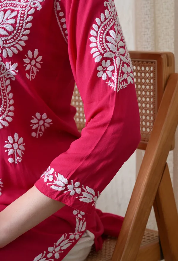 Pink_&_White_Hand-Embroidered_Chikankari_Rayon_Straight_Kurta