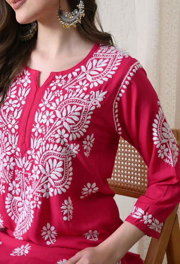 Pink_&_White_Hand-Embroidered_Chikankari_Rayon_Straight_Kurta