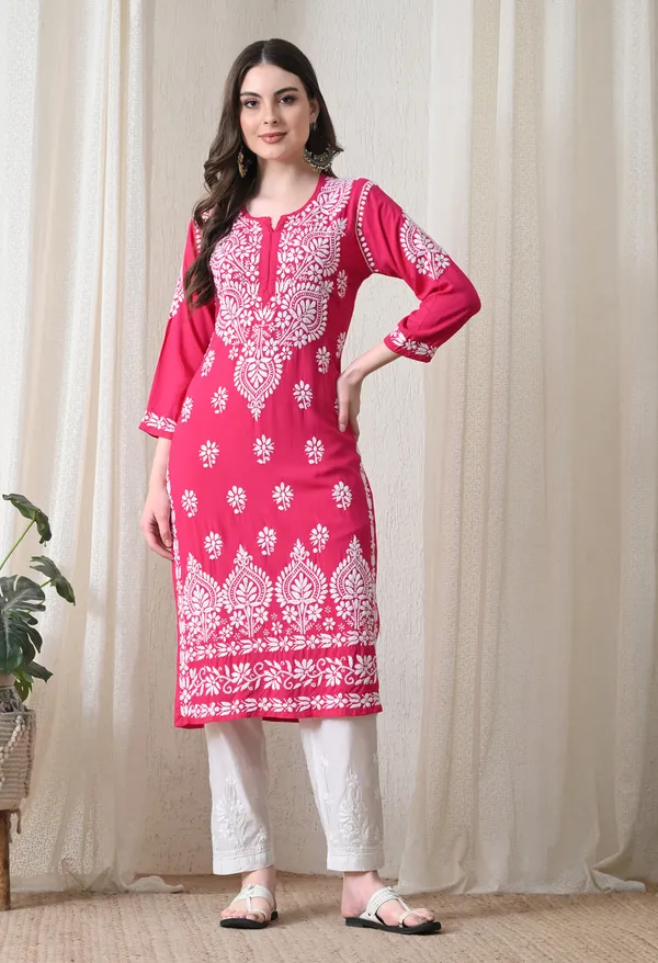 Pink_&_White_Hand-Embroidered_Chikankari_Rayon_Straight_Kurta