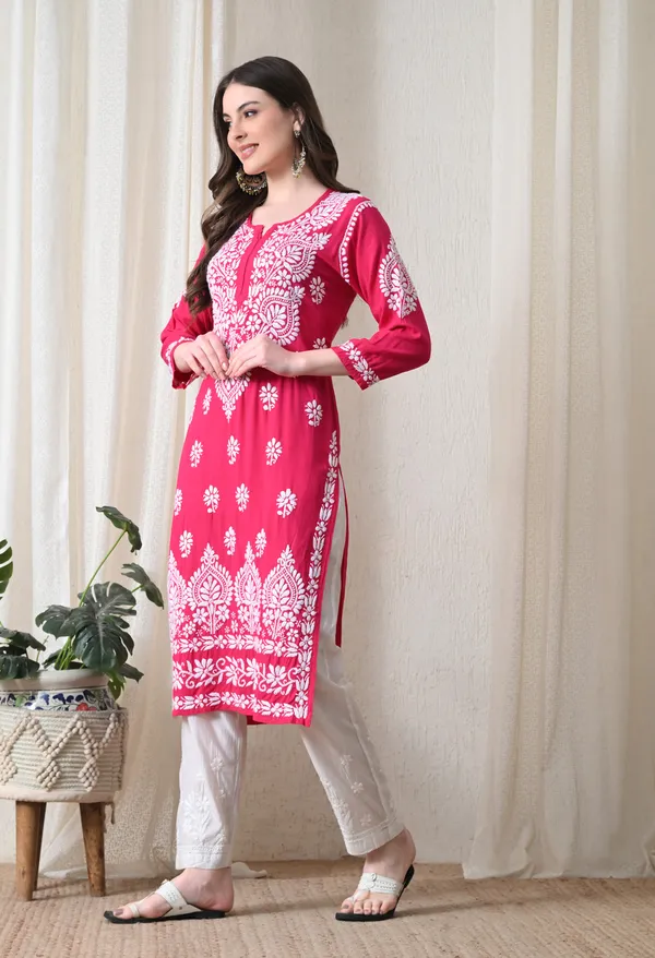 Pink_&_White_Hand-Embroidered_Chikankari_Rayon_Straight_Kurta