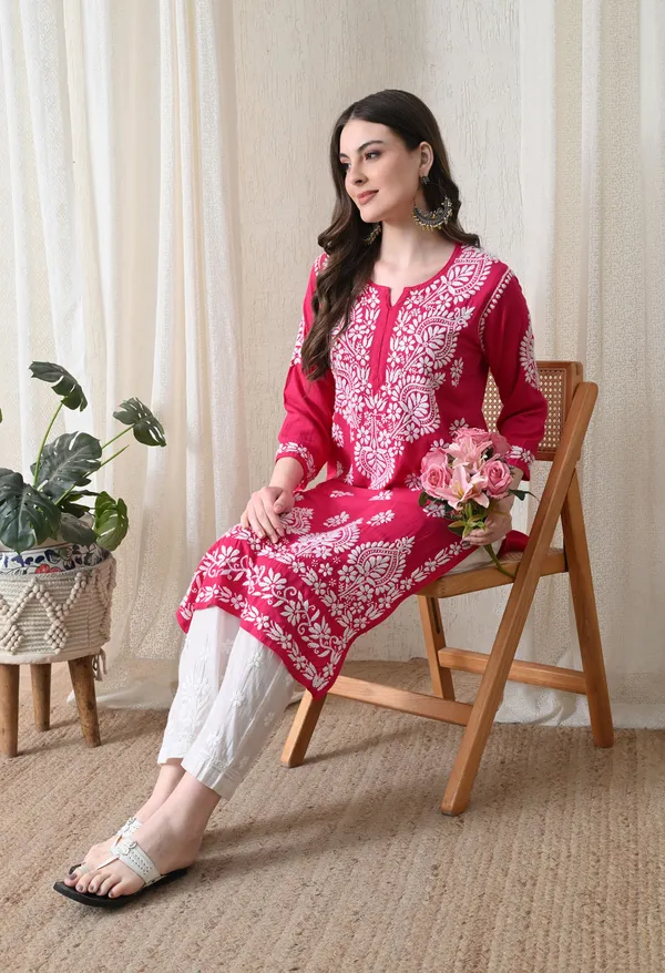 Pink_&_White_Hand-Embroidered_Chikankari_Rayon_Straight_Kurta