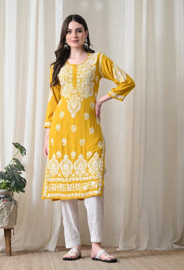 Yellow_&_White_Hand-Embroidered_Chikankari_Rayon_Straight_Kurta