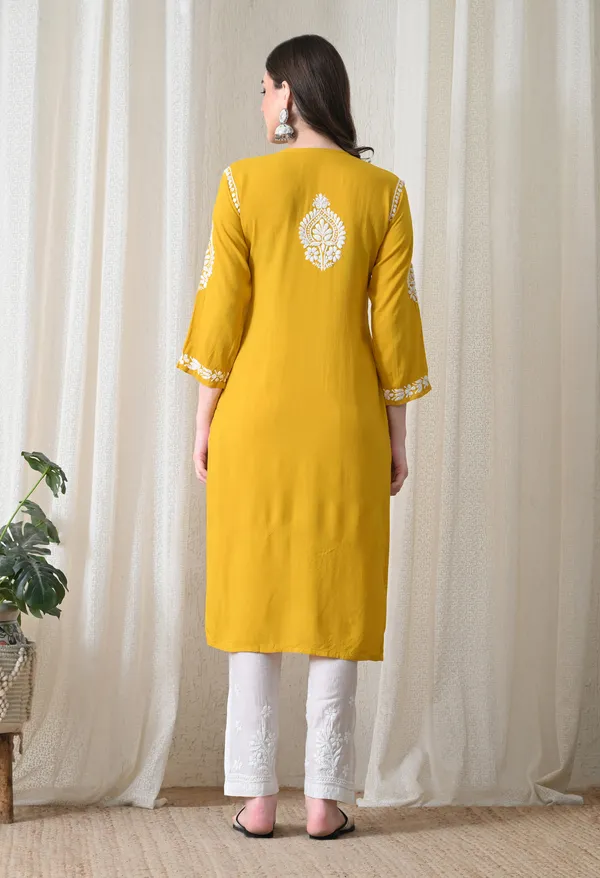 Yellow_&_White_Hand-Embroidered_Chikankari_Rayon_Straight_Kurta