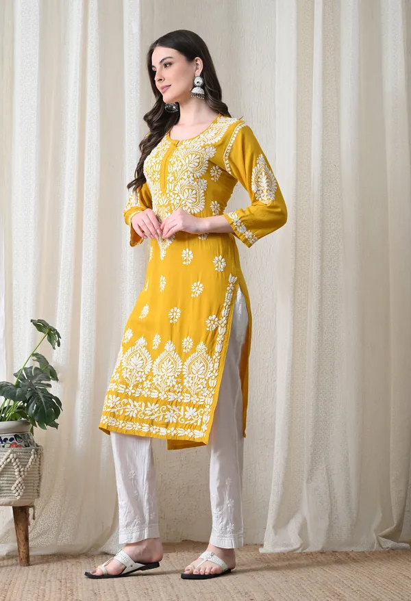 Yellow_&_White_Hand-Embroidered_Chikankari_Rayon_Straight_Kurta