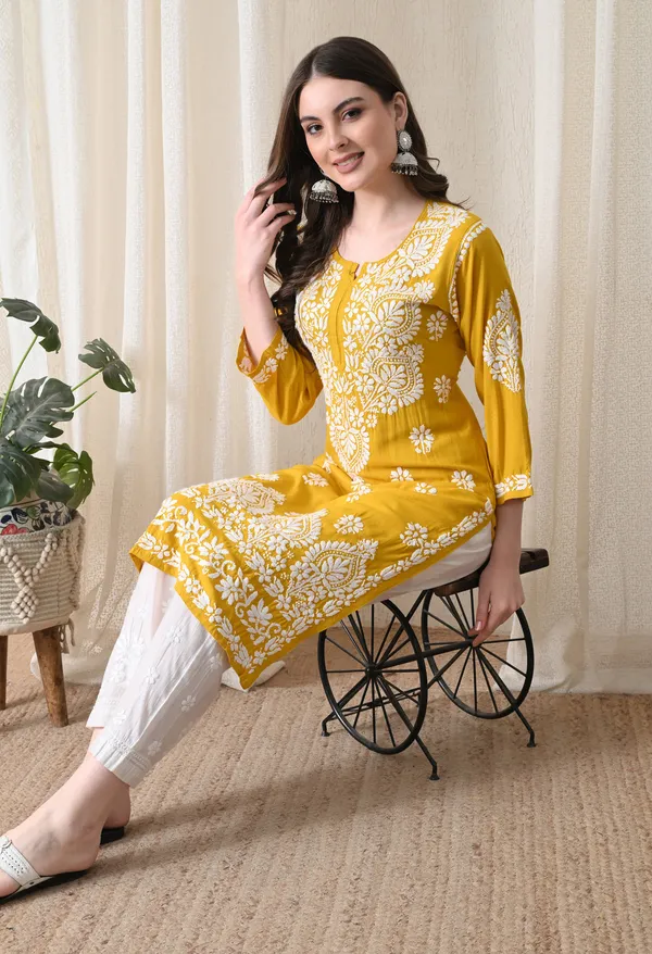 Yellow_&_White_Hand-Embroidered_Chikankari_Rayon_Straight_Kurta