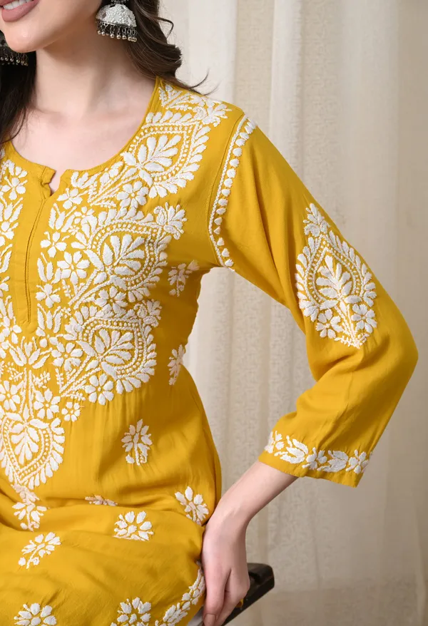 Yellow_&_White_Hand-Embroidered_Chikankari_Rayon_Straight_Kurta