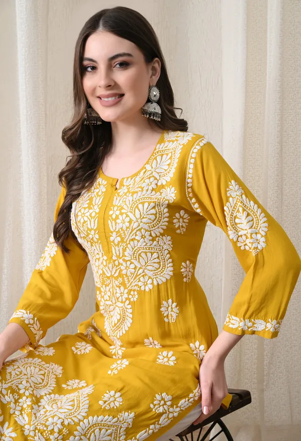 Yellow_&_White_Hand-Embroidered_Chikankari_Rayon_Straight_Kurta