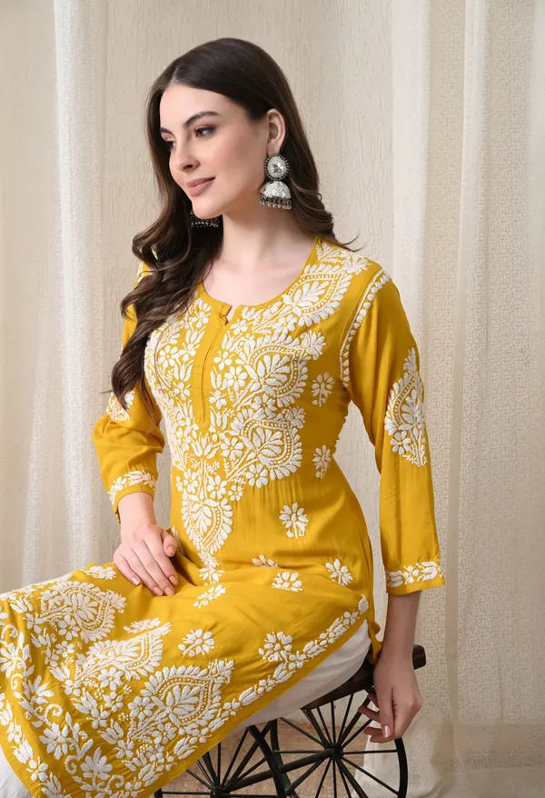 Yellow_&_White_Hand-Embroidered_Chikankari_Rayon_Straight_Kurta