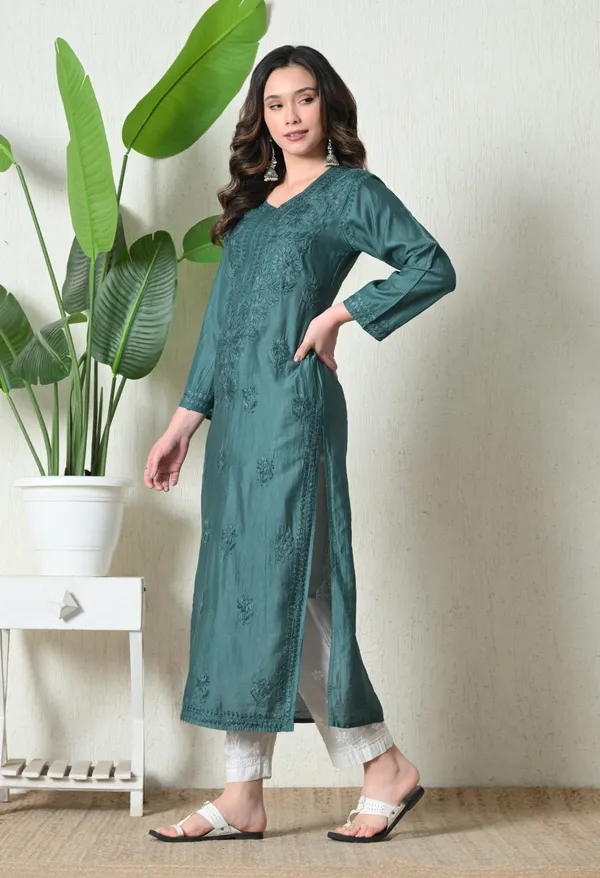 Emerald_Teal_Chanderi_Hand_Embroidered_Chikankari_Kurta