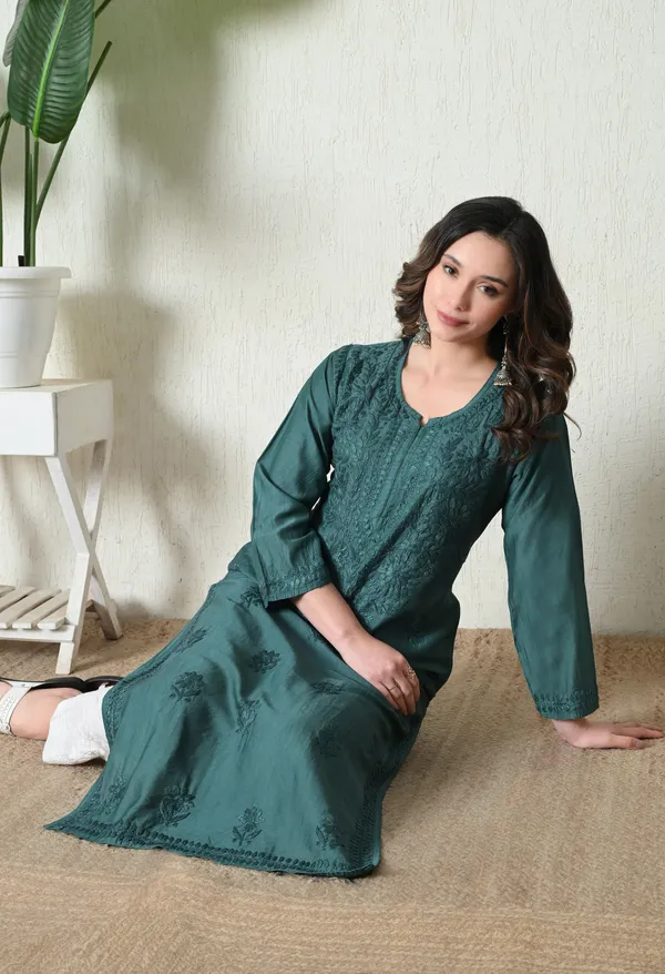 Emerald_Teal_Chanderi_Hand_Embroidered_Chikankari_Kurta