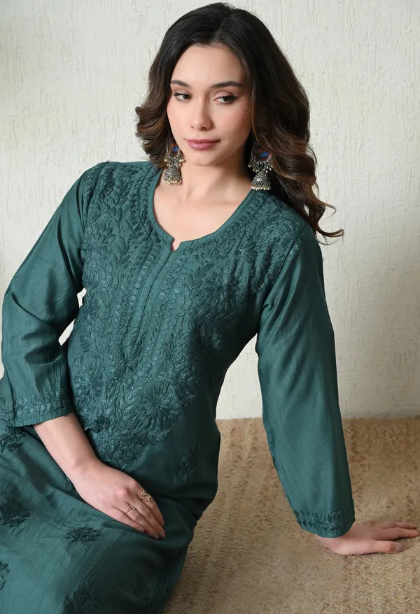 Emerald_Teal_Chanderi_Hand_Embroidered_Chikankari_Kurta