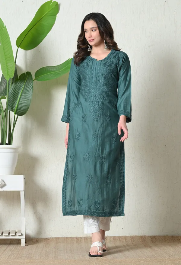 Emerald_Teal_Chanderi_Hand_Embroidered_Chikankari_Kurta