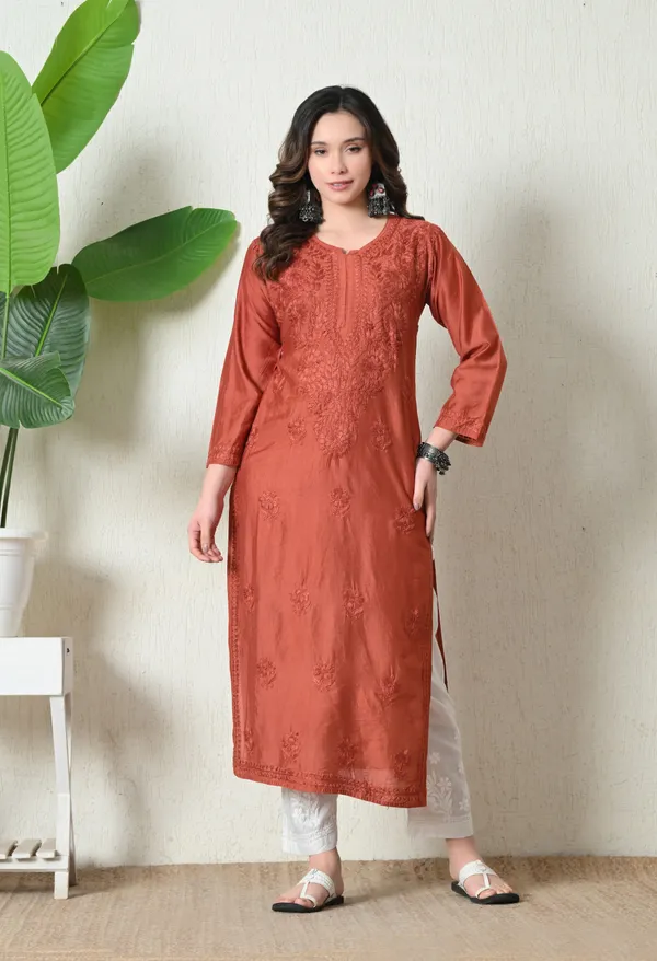 Rust_Orange_Chanderi_Hand_Embroidered_Chikankari_Straight_Kurta