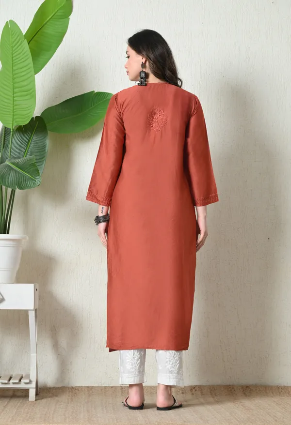 Rust_Orange_Chanderi_Hand_Embroidered_Chikankari_Straight_Kurta