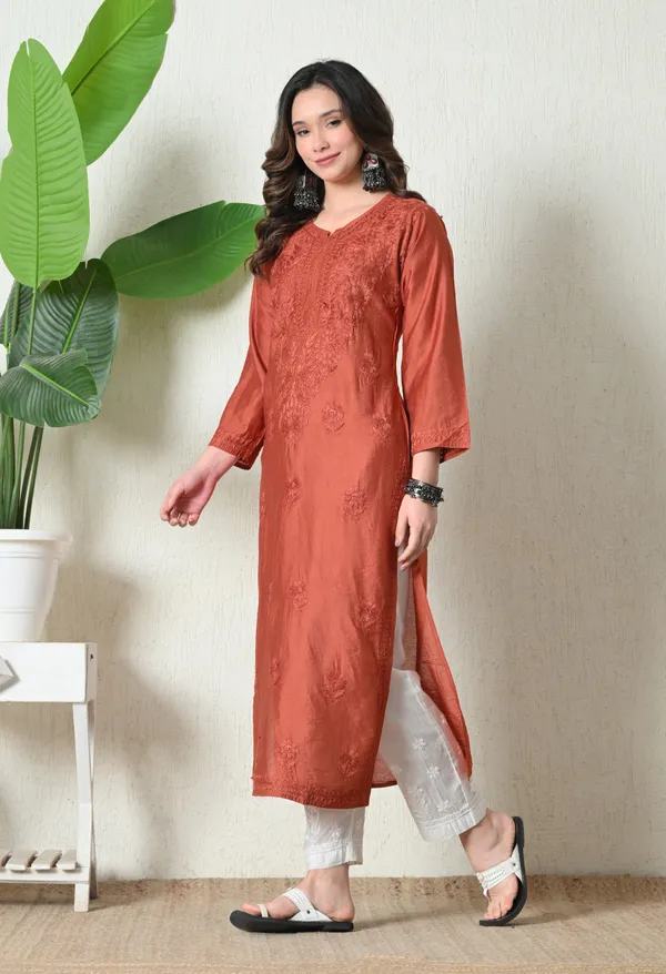 Rust_Orange_Chanderi_Hand_Embroidered_Chikankari_Straight_Kurta