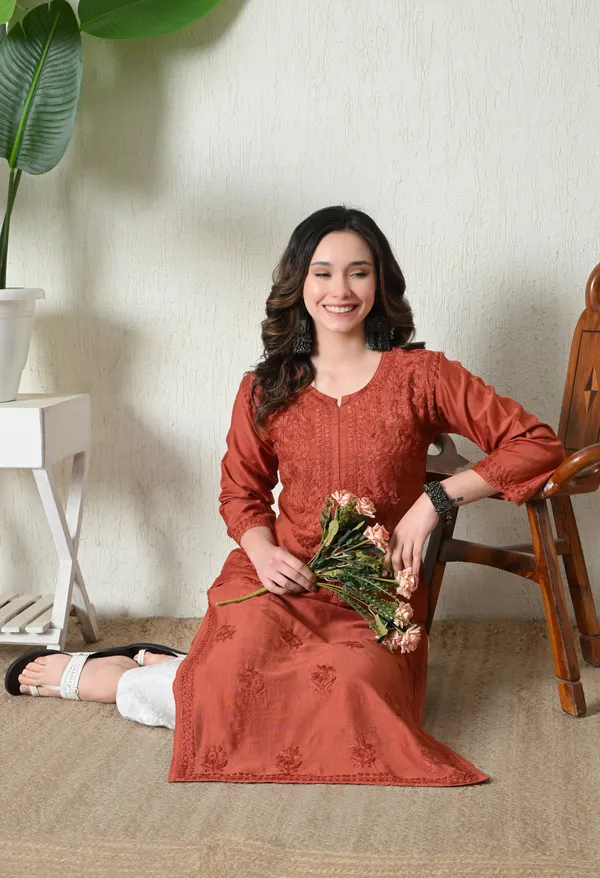 Rust_Orange_Chanderi_Hand_Embroidered_Chikankari_Straight_Kurta