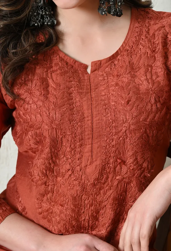 Rust_Orange_Chanderi_Hand_Embroidered_Chikankari_Straight_Kurta