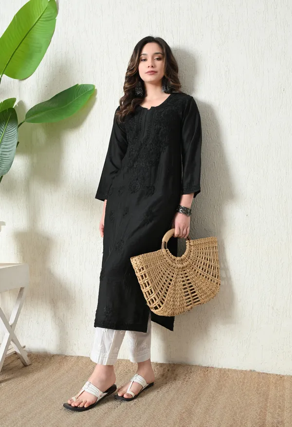 Black_Chanderi_Hand_Embroidered_Chikankari_Straight_Kurta