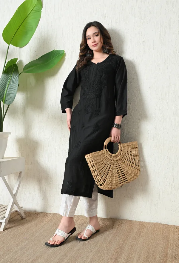 Black_Chanderi_Hand_Embroidered_Chikankari_Straight_Kurta