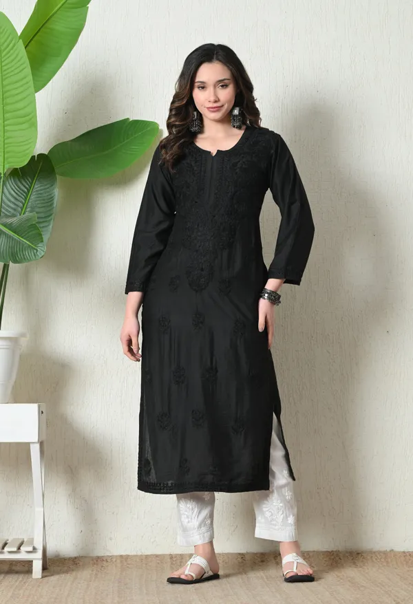 Black_Chanderi_Hand_Embroidered_Chikankari_Straight_Kurta