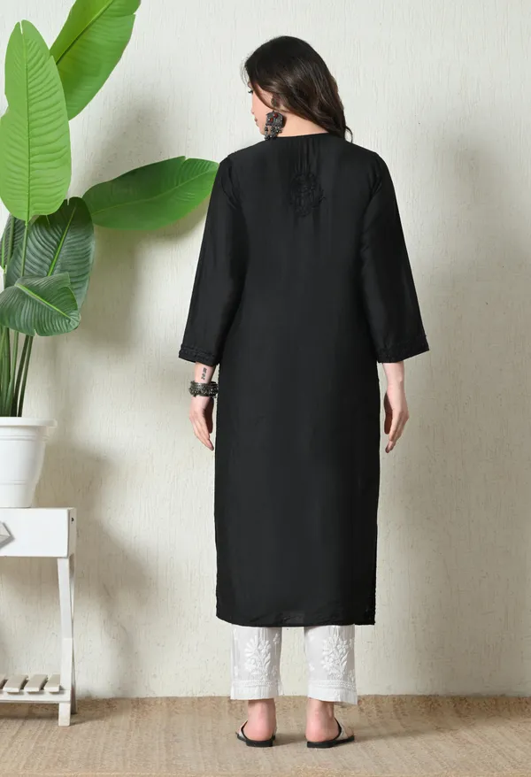 Black_Chanderi_Hand_Embroidered_Chikankari_Straight_Kurta