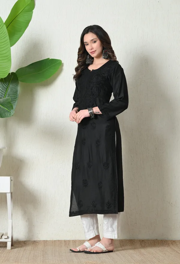 Black_Chanderi_Hand_Embroidered_Chikankari_Straight_Kurta