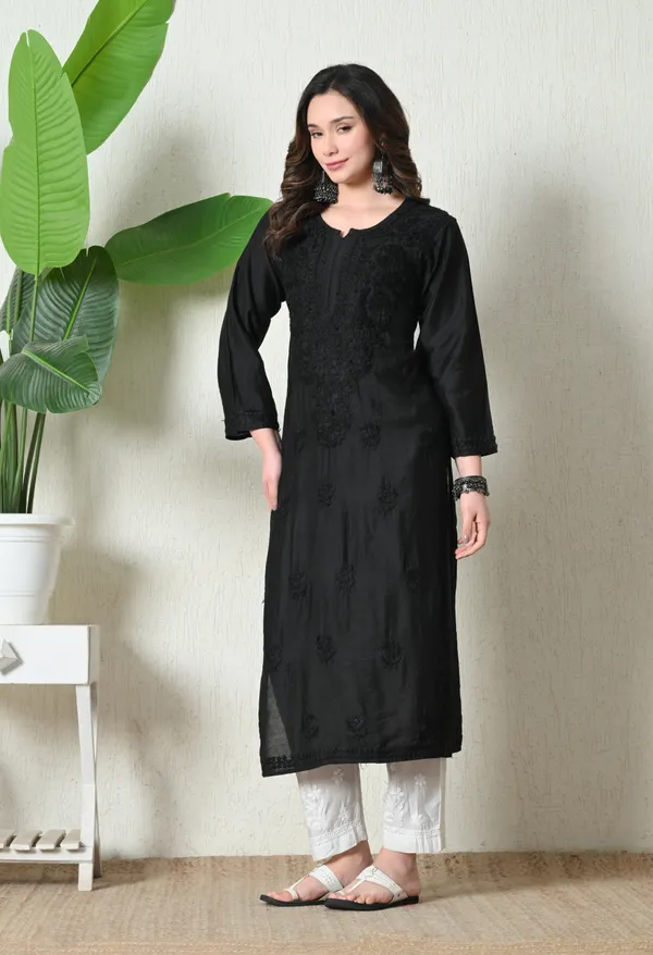 Black_Chanderi_Hand_Embroidered_Chikankari_Straight_Kurta