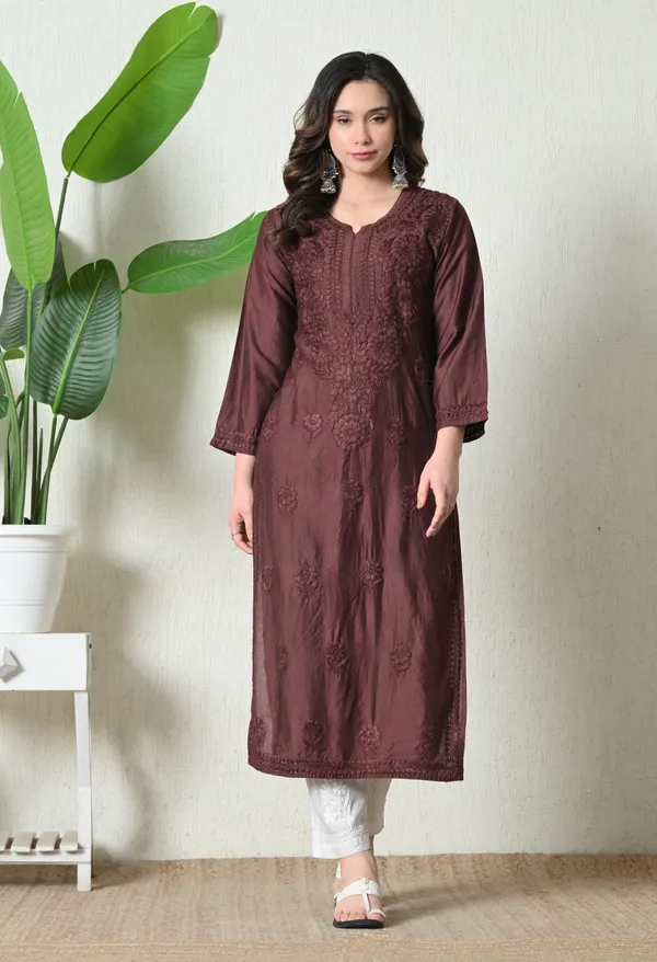 Brown_Chanderi_Hand_Embroidered_Chikankari_Straight_Kurta