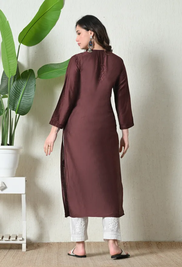 Brown_Chanderi_Hand_Embroidered_Chikankari_Straight_Kurta