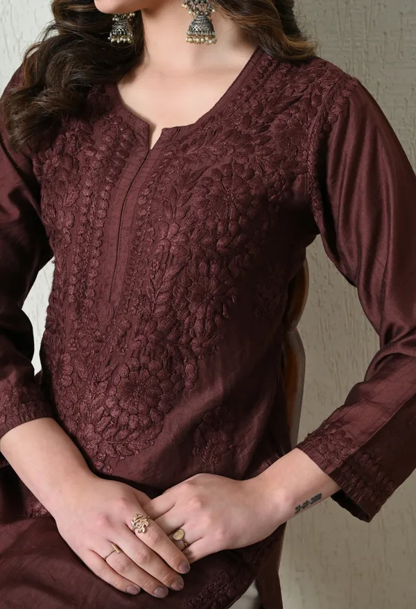 Brown_Chanderi_Hand_Embroidered_Chikankari_Straight_Kurta