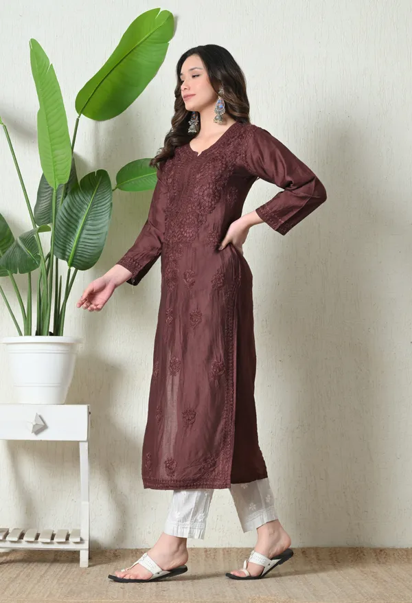 Brown_Chanderi_Hand_Embroidered_Chikankari_Straight_Kurta