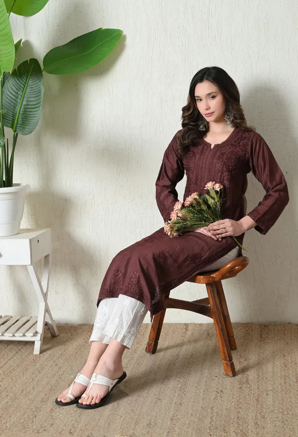 Brown_Chanderi_Hand_Embroidered_Chikankari_Straight_Kurta