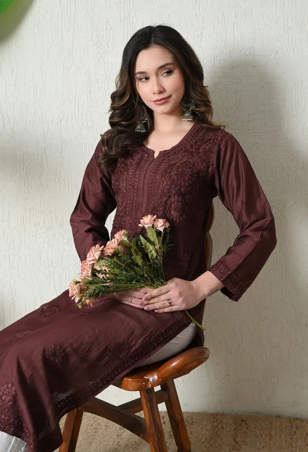Brown_Chanderi_Hand_Embroidered_Chikankari_Straight_Kurta