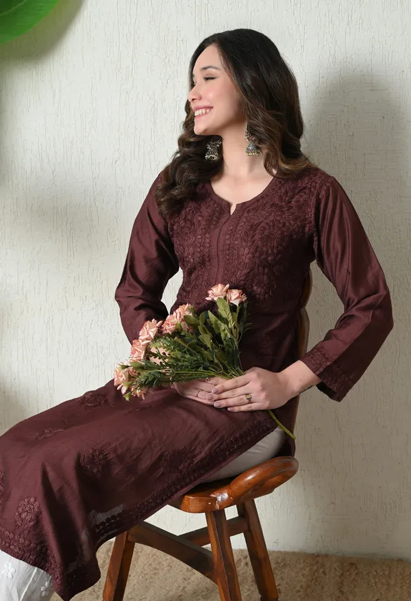 Brown_Chanderi_Hand_Embroidered_Chikankari_Straight_Kurta