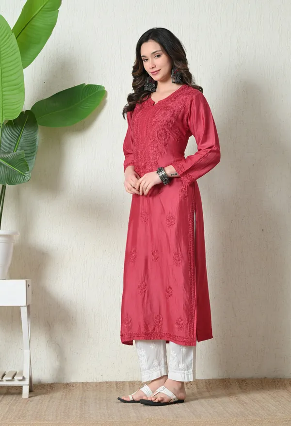 Pink_Chanderi_Hand_Embroidered_Chikankari_Straight_Kurta