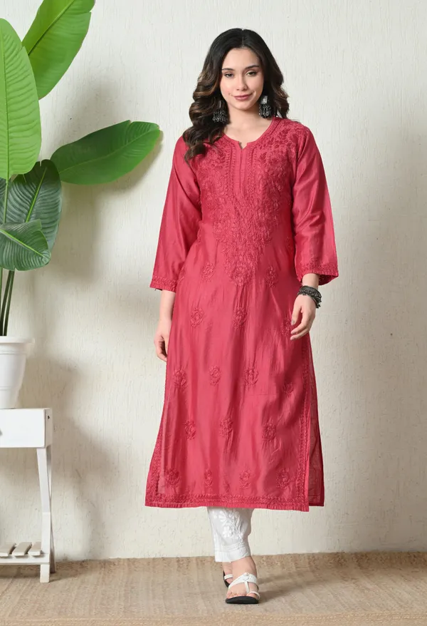 Pink_Chanderi_Hand_Embroidered_Chikankari_Straight_Kurta