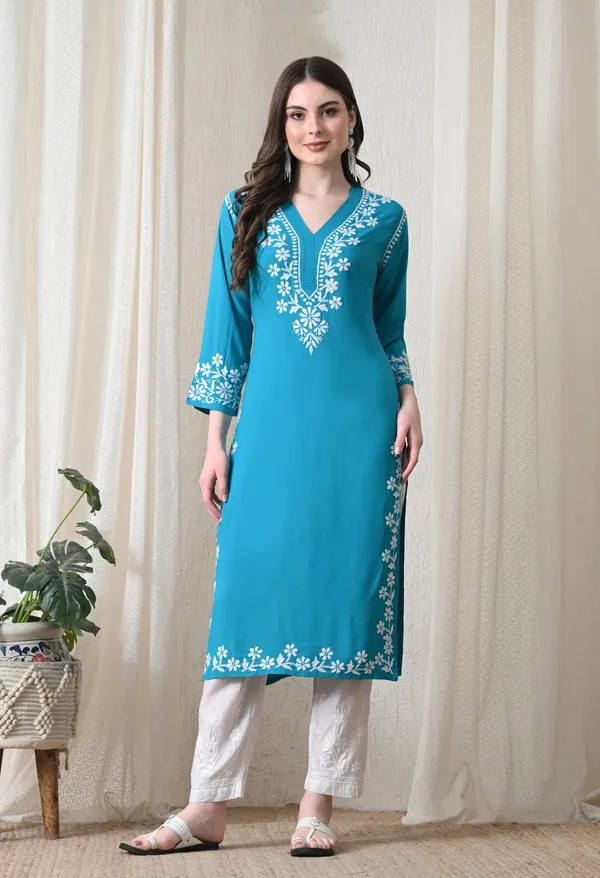 Blue_Hand-Embroidered_Chikankari_Rayon_Straight_Kurta