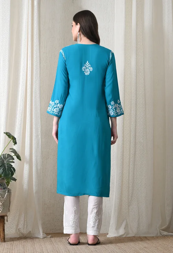 Blue_Hand-Embroidered_Chikankari_Rayon_Straight_Kurta