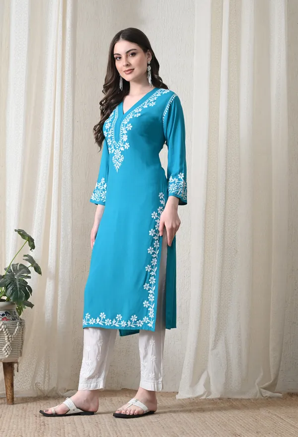 Blue_Hand-Embroidered_Chikankari_Rayon_Straight_Kurta