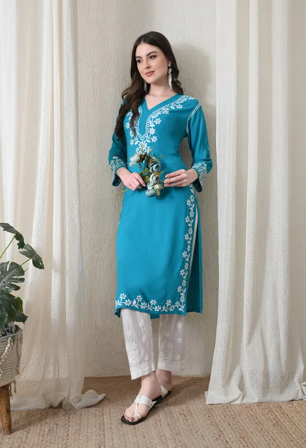 Blue_Hand-Embroidered_Chikankari_Rayon_Straight_Kurta