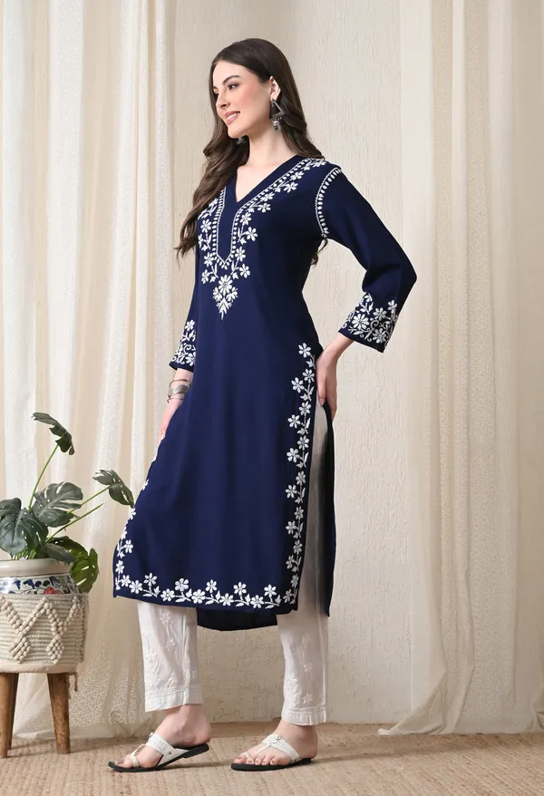 Navy_Blue_Hand-Embroidered_Chikankari_Rayon_Straight_Kurta