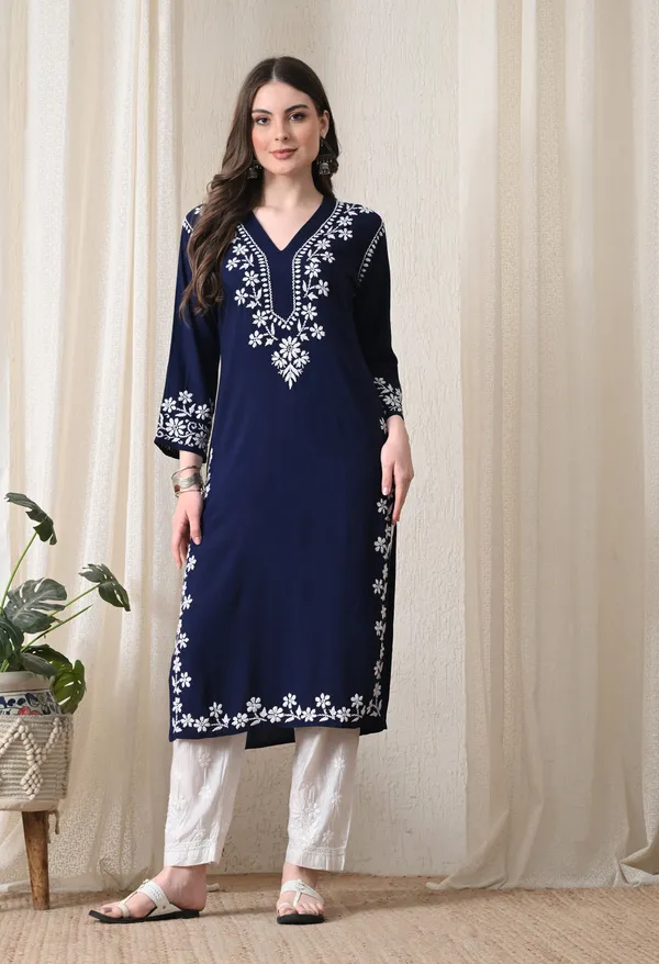 Navy_Blue_Hand-Embroidered_Chikankari_Rayon_Straight_Kurta